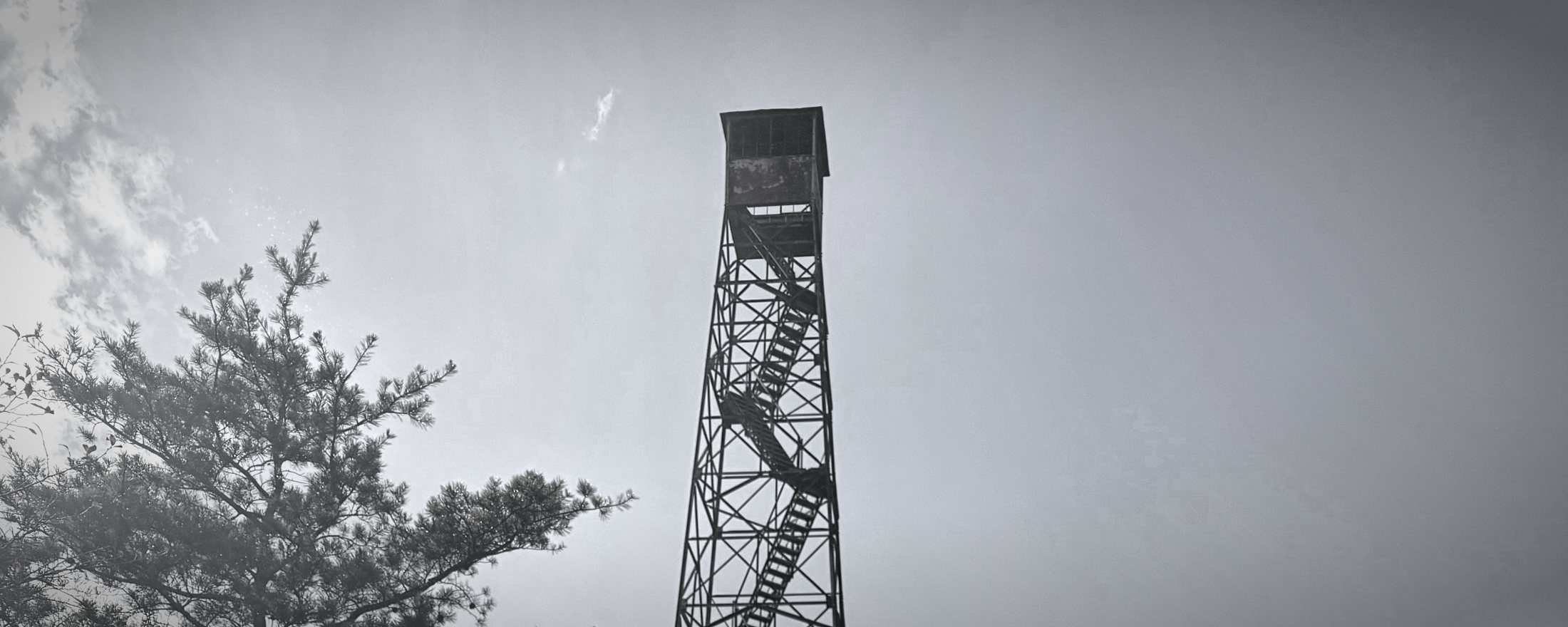 A steel lattice fire tower rising against an open sky, photographed from below.