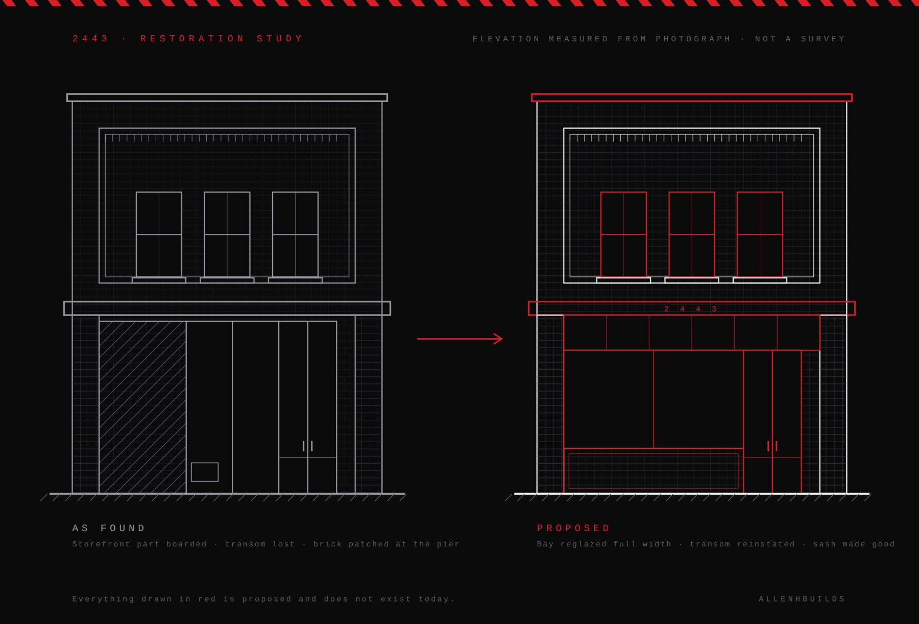 Two architectural elevations of the storefront at 2443 side by side: the facade as it stands with one bay boarded over, and the same facade proposed for restoration with the bay reglazed and the transom reinstated, drawn in red.